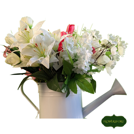 watering can white zinc flowers plastic