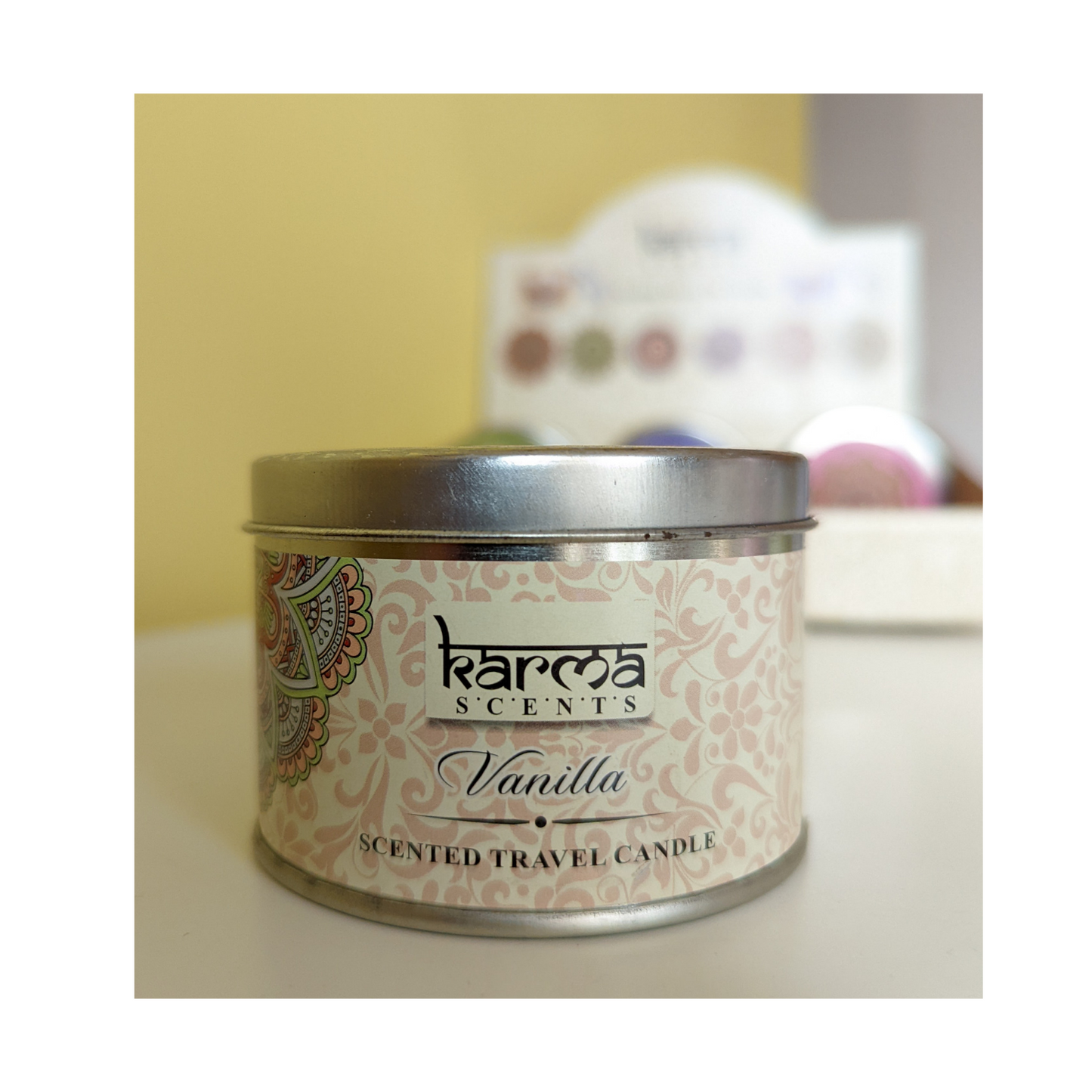 karma vanilla scented candles tin 25hours burn sweet fragrance