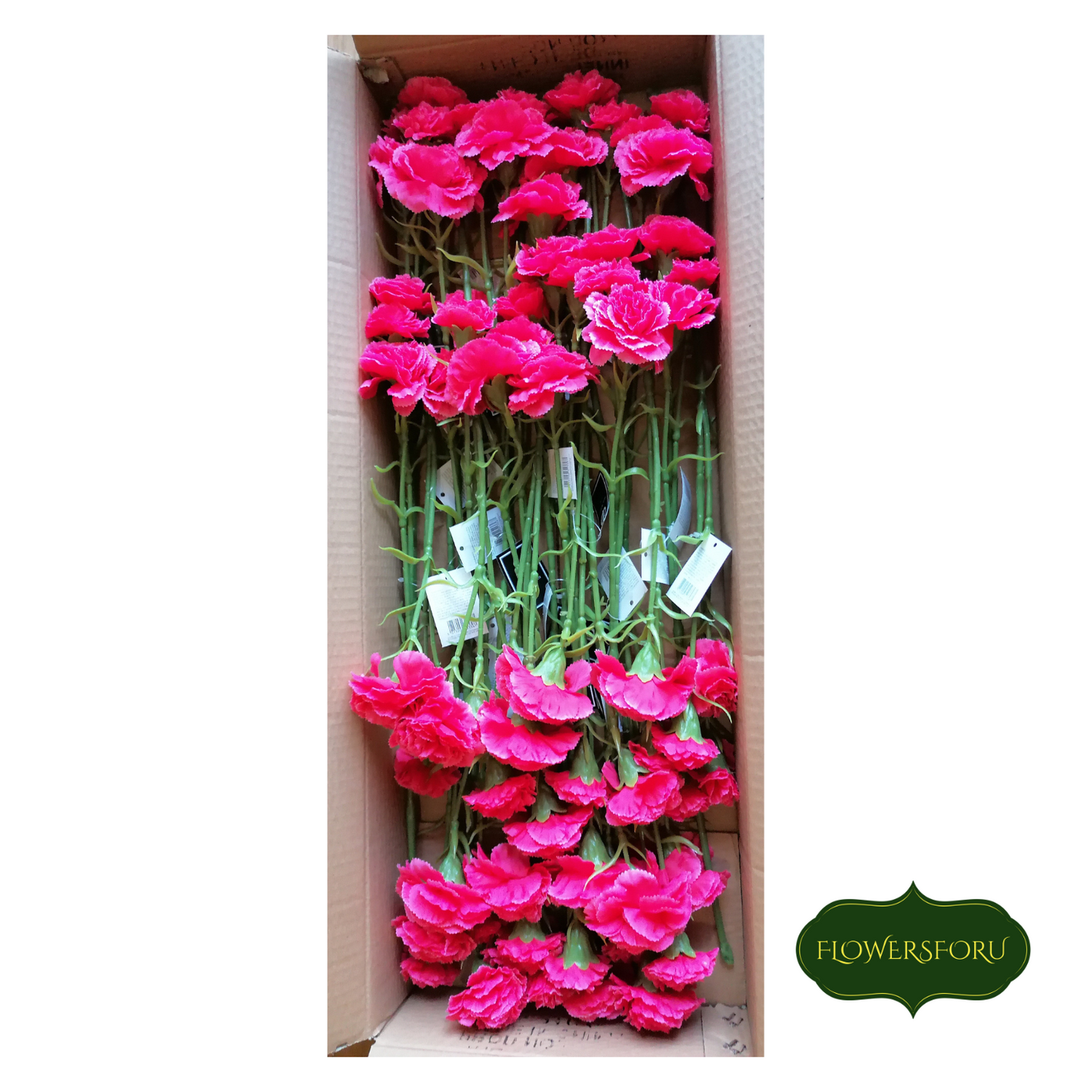 carnations pink stem with 3 flowers plastic green leaves